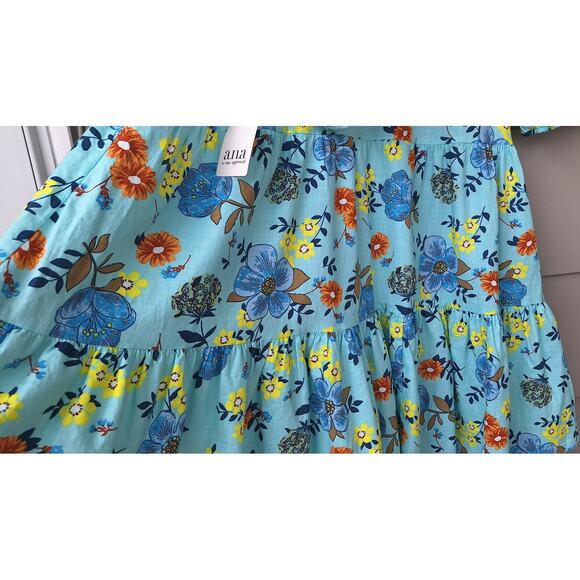 a.n.a. Tiered Short Cottage Dress 100% Cotton Floral Turquoise Blue Orange Sz 2X - Picture 7 of 12